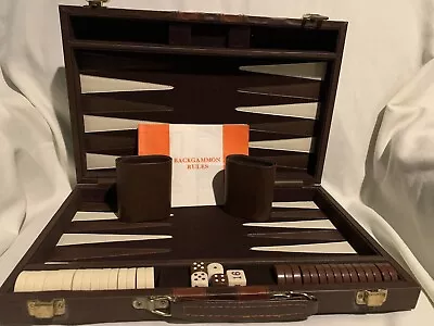 Vtg Backgammon Set Board Game Faux Leather Case Handle Brown Travel Complete • $37.50