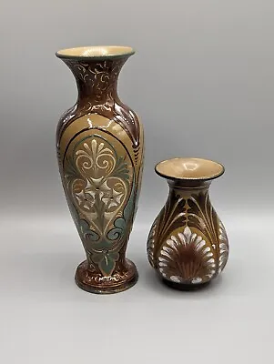 £110 • Buy Pair Doulton Lambeth Silicon Ware Vases 1884 Aesthetic Movement Mosiac Bud  