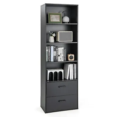 6-Tier Bookshelf Modern Tall Bookcase W/4 Shelves Storage Organizer W/ 2 Drawers • £134.95