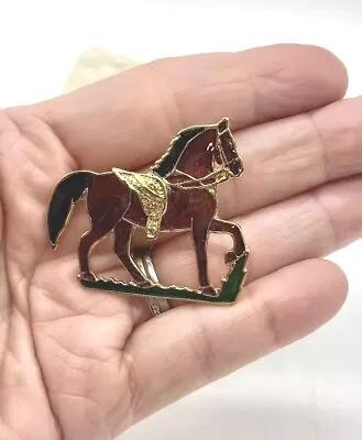 Vintage Brooch Pin Thoroughbred Equestrian Horse Gold Tone Black Brown Enamel • $5.99