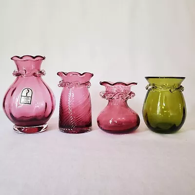 Pilgrim Glass Co Art Glass Vase Collection Swirl - 3 Cranberry 1 Olive Green WV • $32.95