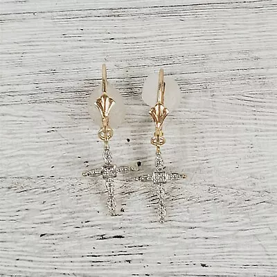 Vintage 10K Yellow Gold Diamond Cross Dangle Drop Earrings Staple Luxury Pretty • $198