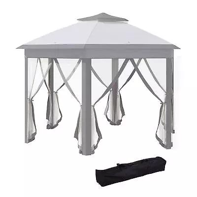 Outsunny 3x4m Hexagon Gazebo W/ Metal Frame Mesh Curtains Outdoor Garden Grey • £161.99