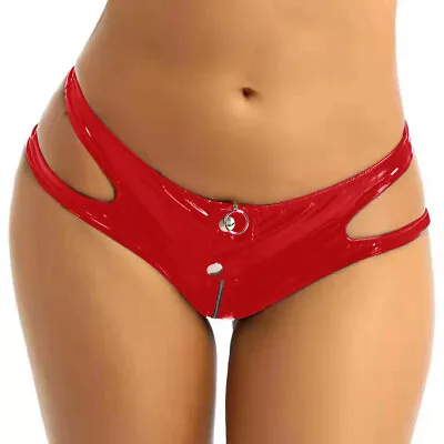 Women Sexy Open Crotch Shiny PVC Leather Underwear Latex Lingerie Zipper Briefs • £12.31