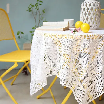 White Cotton Lace Crochet Tablecloth Embrodiry Pastoral Hollow Table Cover • $14.99