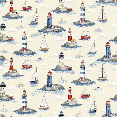 Fabric Nautical By Makower 100% Cotton 112cm Wide 2499Q Lighthouses Cream • £3.96