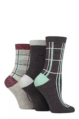 Ladies Tartan Socks - Pringle - Cotton Lurex Charcoal Grey With Gift Tag 3 Pairs • £7.99