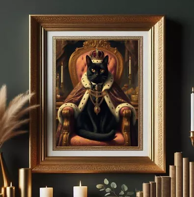 Black King Cat Royal Renaissance Vintage Classy Academia Oil Painting Print Art • $7.99