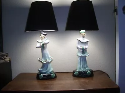 Vintage Mid Century Oriental Asian Chalkware Woman And Man Lamps And Shades • $95