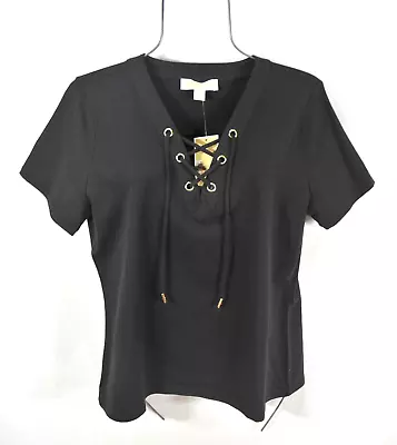 NEW Michael Kors Women's Blouse Size L Black Lace Up V-Neckline Top Shirt NWT • $34.99