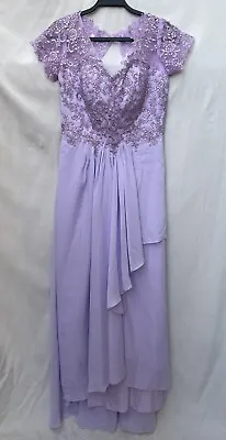 Formal Dress For Wedding Lace Appliques Short Sleeve Long V Neck Sz 8 Purple • $9.99