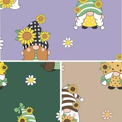 Polycotton Fabric Spring Gonks Garden Gnomes Sunflower Daisy Floral Flower • £4.80