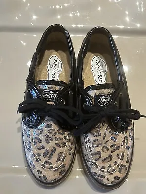 SPERRY TOP SIDER Women’s Size 6 Shoe Leopard SEQUIN Black & Tan Lace Up GUC • $22.99