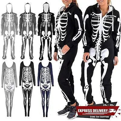 Womens All In One Skeleton Halloween Ladies Hooded Horror Costume ZipUp Jumpsuit • £13.99