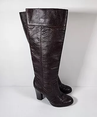 Michael Kors Boots Womens 5.5 Brown Pebbled Leather Tall Chunky Pull On Zip • $24.95