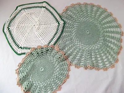 Vtg Lot 4 Large Crochet Doily Green Turquoise Round 8in 11in 12in 16in Cotton • $24.99