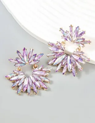Crystal Green Blue Purple Flower Spike Statement Earrings Blogger Zara Uk New • £5.49
