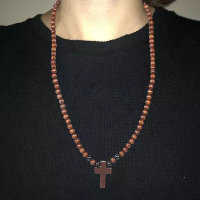 Wooden Cross Necklace For Men Beaded Chain Necklace Rosary Trendy Necklace • £7.38