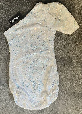 £12 • Buy Boohoo Sequin One Shoulder Silver Mini Dress Size 6