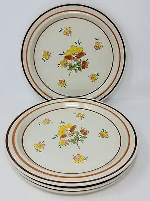 Set Of 4 Newcor Stoneware 175 Melody 10.75  Dinner Plates Vintage Brown Yellow • $34.99