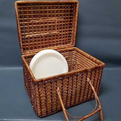 Vintage Brown Wicker Picnic Basket W/ Plastic Dishes Cottagecore Summer Date^ • $10.19