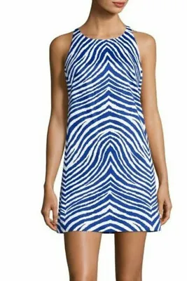 Milly Shift Dress Size 6 Blue Sleeveless Racerback Zebra Short Stretch Cotton • $69.98