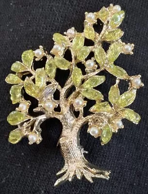 Vintage Dodd Brooch Gold Tone Green Rhinestones Faux Pearl Tree • $28