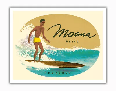 Moana Hotel - Honolulu Hawaii - Hawaiian Surf Rider - Vintage Travel Poster 1950 • $12.98