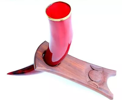 Red Viking Drinking Horn With Wooden Stand For Ale Beer Wine Mead Christmas Gift • $68.90