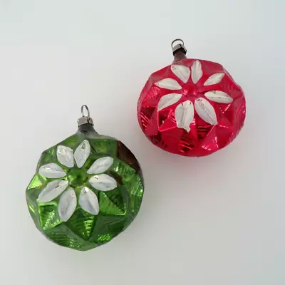 TWO 2 Vintage BLOWN Glass GEOMETRIC Molded DAISY Flower STAR Christmas Ornament • $25