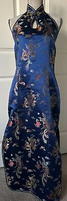 Vintage LAOGUDAI CHEONGSAM Blue Satin Dragons Maxi Dress Side Slits Halter • $30