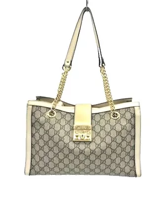 Rare GUCCI Supreme Padlock Med.  Shoulder Beige Canvas Leather Mfiber Made Italy • £1044.76