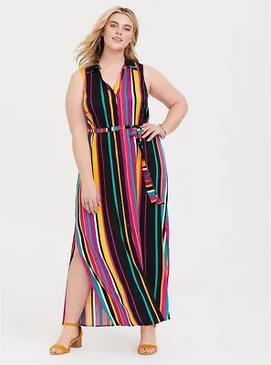 Torrid 1 / 1X Multicolor Striped Button Front Shirt Dress High Slits No Belt • $24.67