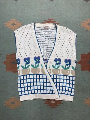 Vintage Knit Sweater Vest Cute Ramie Cotton Flowers Daisies Garden Women Medium • $18.75