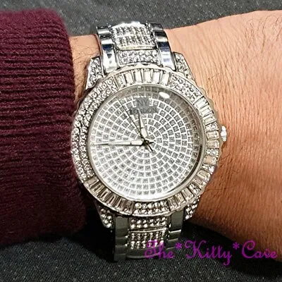 Gents Ladies Unisex Silver Plt Rapper Ice Gem Pimp Bling Baguette Crystals Watch • £27.99