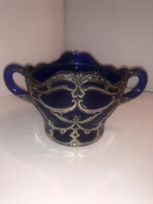 Dugan Diamond Glass Maple Leaf Cobalt Blue EAPG Sugar Bowl W Silver Filigree • $85