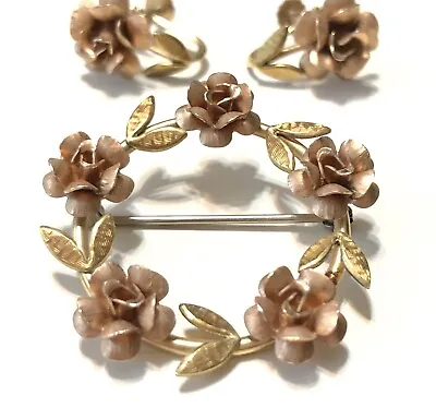 VTG Signed KREMENTZ Rose & Yellow Gold Filled Floral Rose Brooch Earrings SET • $69