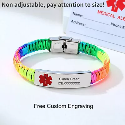 Personalised Engraving Medical Alert ID Bracelet Rainbow Braided Wristband • £6.83