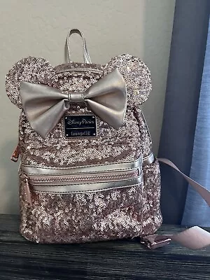 DISNEY PARKS LOUNGEFLY Rose Gold Sequin MINNIE BOW BACKPACK • $50