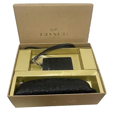NEW Coach Zip Pencil Case And ID Lanyard Set Black Logo Embossed Leather STSP24 • $121.97