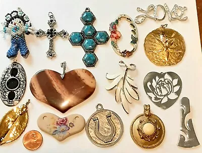 Big Lot Vintage Jewelry Making 15 Large Pendants Many Kinds Stone Heart+ More • $7.50