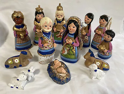 Mexican 15 Pc. Folk Art NATIVITY SCENE Tonala Pottery Christmas Crèche • $25.50