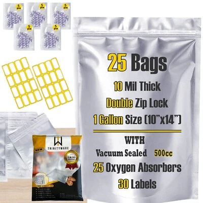 $16.99 • Buy 10 Mil Thick 25 Pc Mylar Bags 1 Gallon (10 X14 )  With Oxygen Absorbers 500CC