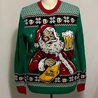 Ugly Christmas Sweater Drinking Santa Beer Mug Green Light Up MENS Womens M • $24.99