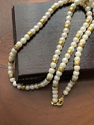 Vintage LCI Liz Claiborne Faux Pearl Gold Tone Beaded Necklace 30  • $19