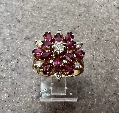 Vintage 14K Yellow Gold Ruby & Diamond Flower Cocktail Ring • $499