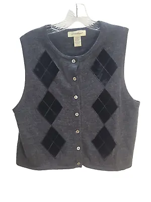 Women's Eddie Bauer Vintage Petite Large Merino Wool Vest Gray Velvet Argyle • $13.99
