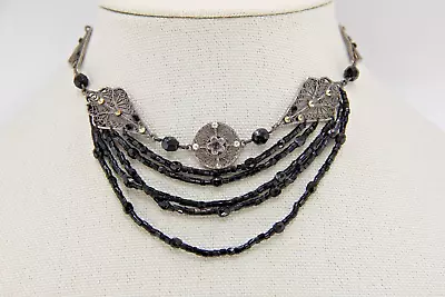 Vintage Choker Necklace Gothic Victorian Style Black Beads Filigree & Crystals • $17.99