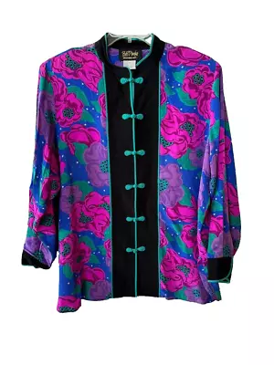 Bob Mackie 2X Wearable Art Jacket Top 100% Silk Floral Asian Mandarin Collar • $34.99