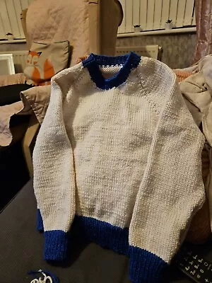 Hand Knitted Boys Jumpernavy Blue Rib And Cream Body 30 Chest BN • £10.99